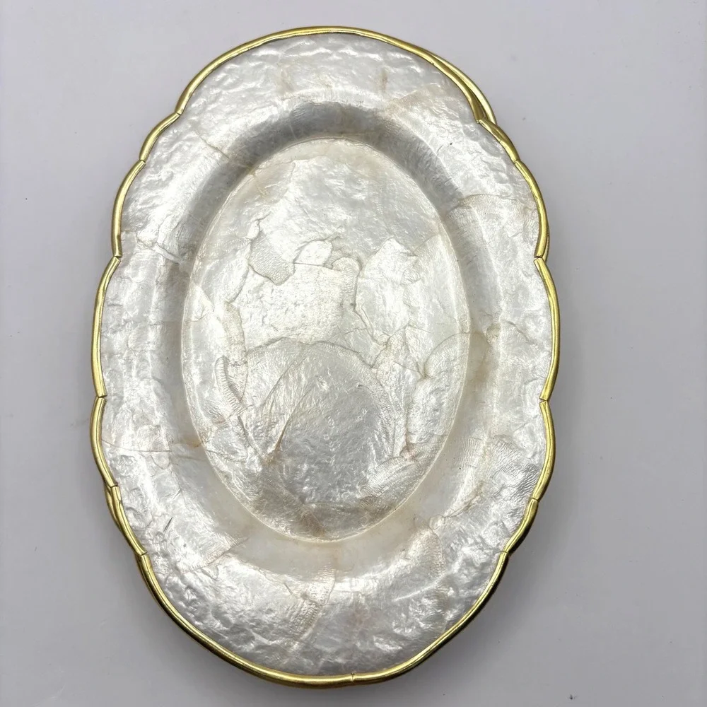 Vintage Mother of Pearl Capiz Shell Scalloped Gold Rim Oval Plates Set of 4